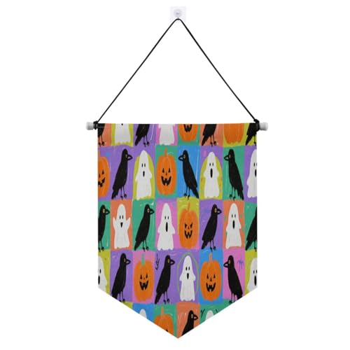 Halloween Cartoon Krähen Kürbis bunt kariert Banner Aufhänger für Wand mit Teleskopstange Raumbanner Outdoor-Dekoration für Tür, Wände, Fenster, Gärten, Hof-Banderinen für Fiestas von Amooorous