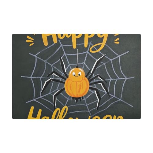 Happy Halloween Cartoon-Kaffeematte mit süßer schwarzer Spinne für Arbeitsplatte, Leder, saugfähige Kaffeemaschine, Matte für Arbeitsplatte von Amooorous