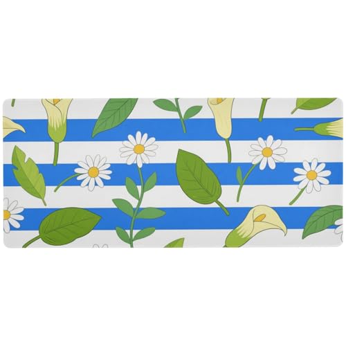 Mauspad mit blau-weiß gestreiftem Calla-Lilien-Gänseblümchen-Motiv, großes Anime-Mauspad für Schreibtisch, Essentials, Gaming-Mauspad, 80 x 30 cm von Amooorous