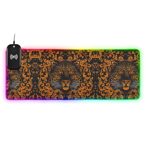 Orange-Leopard Kabelloses Laden Leuchtendes langes Tier-Pad Tastatur und Tiermatte großes Gaming-Mauspad Multifunktions-Schreibtische 80 x 30 cm von Amooorous
