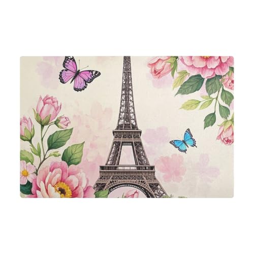 Romantischer Pariser Eisenturm mit Blumen, rosa Kaffeematte für Theke, Leder, saugfähige Kaffeemaschine, Matte für Theke Romantischer Pariser Eisenturm mit Blumen, rosa Kaffeematte für Theke, Leder, saugfähige Kaffeemaschine, Matte für Theke von Amooorous