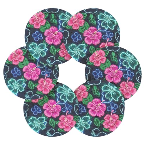 Sommer Neon Hibiskus Frangipani Blume Dekorative saugfähige Getränkeuntersetzer Büro Untersetzer für Getränke Haus Bar Zubehör Tischplatte Schutz mit Halter Set von 6 von Amooorous
