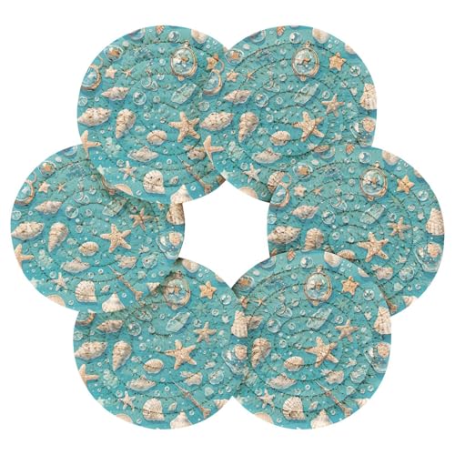 Summer Fresh Blue Shell Seestern Dekorative saugfähige Untersetzer für den Esstisch minimalistische Heimdekoration Set mit Halter 6 Stück von Amooorous