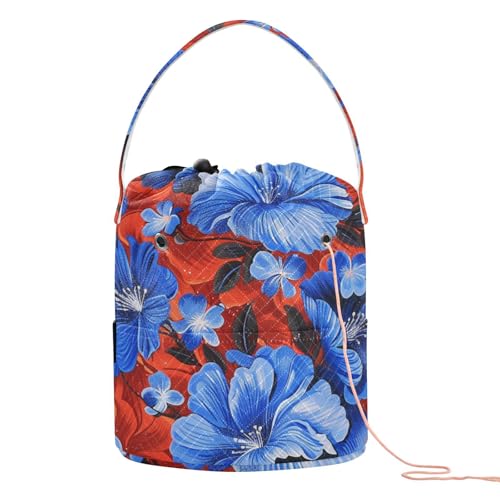 Viele blaue Blumen auf rotem Hintergrund, Garnaufbewahrung, Häkeltasche, tragbare Reisetasche für Häkelnadeln, Bastelaufbewahrung Viele blaue Blumen auf rotem Hintergrund, Garnaufbewahrung, Häkeltasche, tragbare Reisetasche für Häkelnadeln, Bastelaufbewahrung von Amooorous