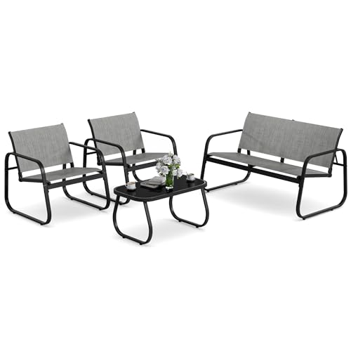 Amopatio Gartenmöbel Set mit Balkontisch, 2er Sofa & 2 Stühlen, Balkonmöbel Set 4 Personen, Terrassenmöbel Wetterfest Metall, Garten Sessel für Terrasse, Balkon, Outdoor, Pool, Grau von Amopatio