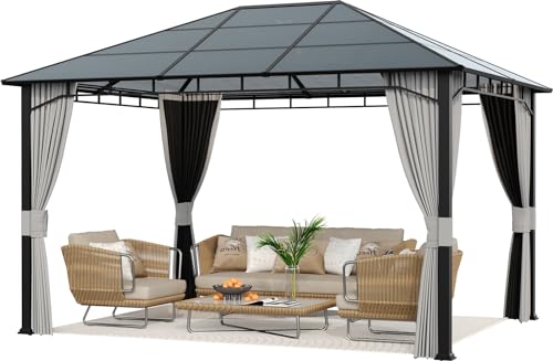 Amopatio Gartenpavillon 3x4 m Wasserdicht Stabil Winterfest, Alu Pavillon mit Polycarbonat - Dach, Hardtop Pavillon mit Moskitonetz und Seitenteile für Garten, Terrassen (Grau) von Amopatio