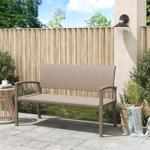 Amopatio Gartenbank Wetterfest, Polyrattan Sitzbank UV-beständig, Gartenmöbel Terrassenbank mit Rückenlehne bis 320kg für 2 Personen Garten, Balkon, Terrasse, 122x60x87cm, Beige von Amopatio