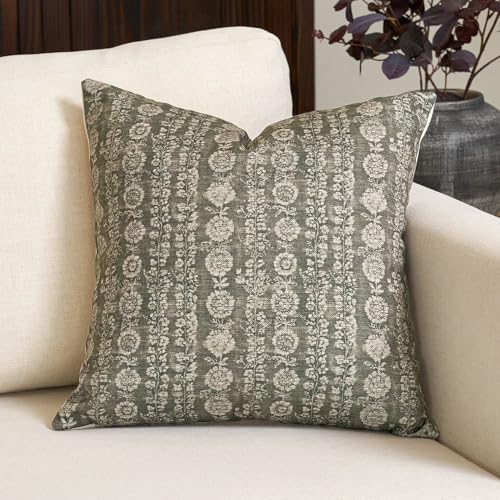 Amor Virisso Kissenbezug mit Vintage-Blumenmuster, gestreift, Bauernhaus-Blockdruck, Boho, neutral, dekorative Kissen für Wohnzimmer, Bett, Staubgrün, 50,8 x 50,8 cm von Amor Virisso