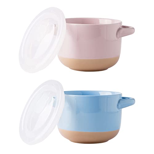 AmorArc 680 ml Suppenschalen mit großen Griffen und Deckeln, Steingut-Schüsseln, 2er-Set für Suppe, Müsli, Eintopf, Nudeln, mikrowellen- und spülmaschinenfest, blau und rosa von AmorArc
