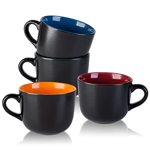 AmorArc Jumbo-Kaffeebecher-Set mit 4 großen Keramik-Suppentassen mit Griffen, 680 ml, große Suppenschüsseln für Müsli, Snacks, Kaffee, mattschwarze Außenseite, bunte Innenseite (schwarz gemischt) von AmorArc