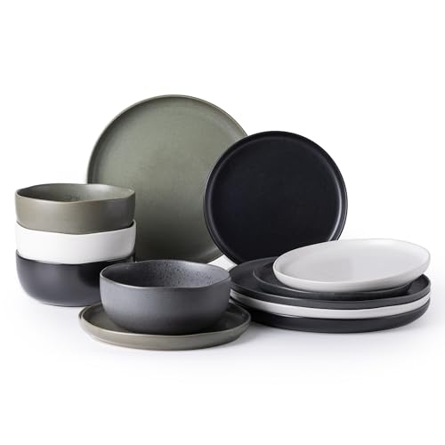 AmorArc Keramik-Geschirr-Set, Teller und Schüssel-Set, gewellter Rand, sehr splitter- und rissfest, spülmaschinen- und mikrowellengeeignet, Service für 4 (12-teilig), 4 Farben von AmorArc