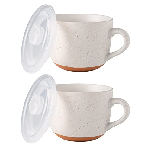 AmorArc Keramik-Suppentassen mit Deckel, 680 ml Suppentassen mit Hanlde für Kaffee, Müsli, Salat, Nudeln, Tee, Suppenschüsseln, Tassen, 2er-Set, gesprenkelt außen mit belüftetem Deckel von AmorArc