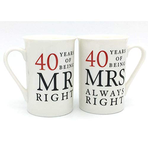 Porzellantassen zum 40. Jahrestag, Aufschrift "Mr Right & Mrs Always Right", 2 Stück von Amore By Juliana