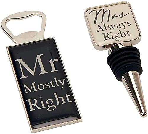 Mr Mostly Right & Mrs Always Right Flaschenöffner & Flaschenverschluss Hochzeit Set in Geschenkbox von Amore
