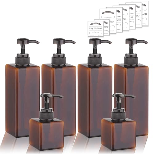 6 x Shampoo- und Spülungsspender-Flaschen – 4 x 625 ml und 2 x 227 ml nachfüllbare quadratische Kunststoff-Pumpflaschen, Duschseifenspender für Shampoo, Conditioner und Duschgel (Bernsteinfarben) von Amorettise