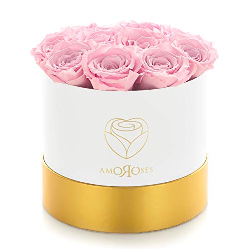 Amoroses 12 echte stabilisierte Rosen halten jahrelang - Konservierte Blumen Geschenkidee, ewige Rosen für besondere Anlässe (Weiße Schachtel mit rosa Rosen) von Amoroses