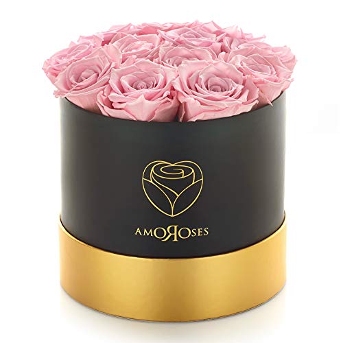 Amoroses 12 echte stabilisierte Rosen halten jahrelang - Originelle Geschenkidee Eleganter Blumenstrauß für Geburtstag, Hochschulabschluss und besondere Anlässe (Schwarze Schachtel mit rosa Rosen) von Amoroses