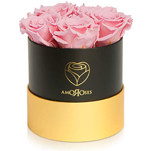 Amoroses Petite - Geschenkbox 5 ewige stabilisierte Rosen - Eleganter Strauß echter Blumen | Muttertag (Petite Schwarze Schachtel mit Rosa Rosen) von Amoroses