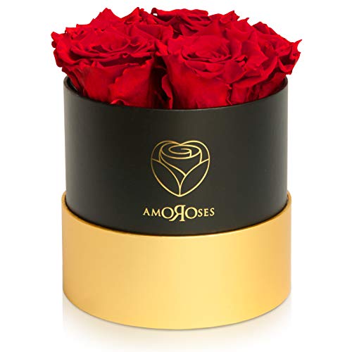 Amoroses Petite - Geschenkbox 5 ewige stabilisierte Rosen - Eleganter Strauß echter Blumen | Geschenkidee (Petite Schwarze Schachtel mit Roten Rosen) von Amoroses