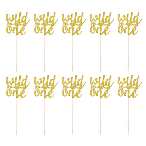 Amosfun 10pcs Wild One 1st ersten Geburtstag Kuchen Cupcake Topper Kuchen Dekorationen (Golden) von Amosfun