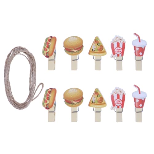 Amosfun Holzklammern Burger Popcorn Clips Fotoklammern 10 Stück Kreative Büroklammern mit Seil Kleiner Holz Clips für Fotos Karten Christbaumschmuck Heimdekoration Schule Büro von Amosfun