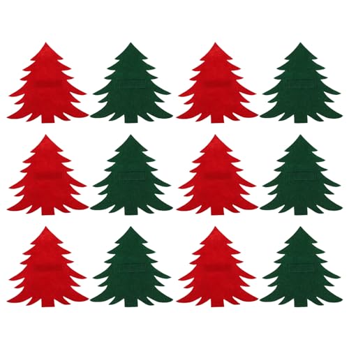 Amosfun 12er Set Weihnachtsbaum Besteckhalter Aus Filz - Kreative Bestecktaschen FüR Messer, Gabeln Und LöFfel - Tischdeko FüR Weihnachten in Rot Und GrüN (Je 6 StüCk) von Amosfun