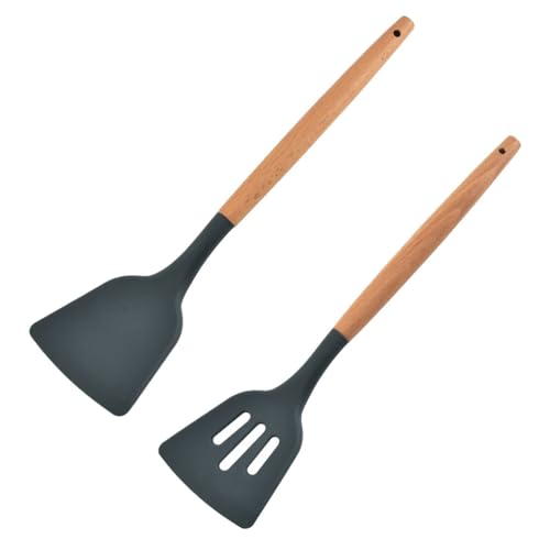Amosfun 2 StüCk Silikonspatel Mit Holzgriff, Kratzfester Pfannenwender, HitzebestäNdig, Ideal FüR KüChe, Restaurant, Hotel, BäCkerei, Dunkelgrau von Amosfun