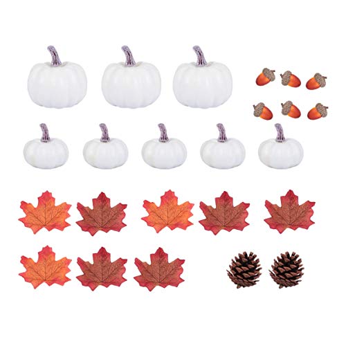 Amosfun 24st Home Decor Simulation Weißer Kürbis Ahornblatt Herbst Obst Zubehör Halloween Tischdeko Styropor Formen Figuren Ahornblatt Deko Herbstdeko Schaum Kiefernzapfen Künstlich von Amosfun