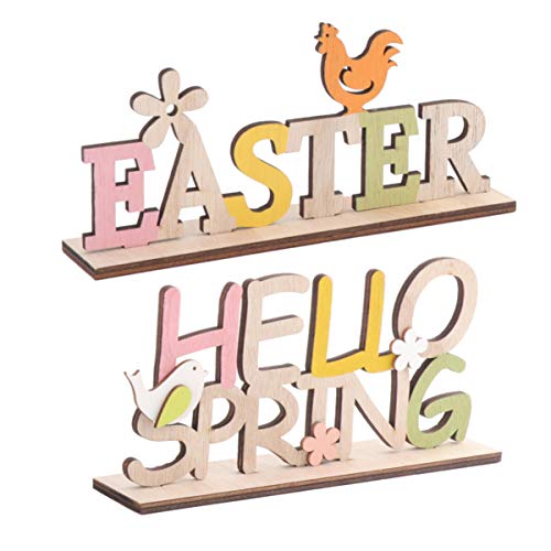 Amosfun 2St. Ostern Schriftzug Holz Easter Hello Spring Tischdeko Hasen Blume Deko Aufsteller Objekt Dekofigur Osterschmuck Schlafzimmer Frühling Dekoration Osterdeko Kinder Party Geschenk von Amosfun