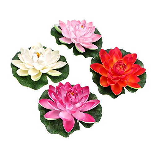 Amosfun 4 stücke künstliche schwimm Lotus Blumen teich Aquarium Dekorationen Ornamente (weiß + orange + rot + rosa) 17 cm von Amosfun