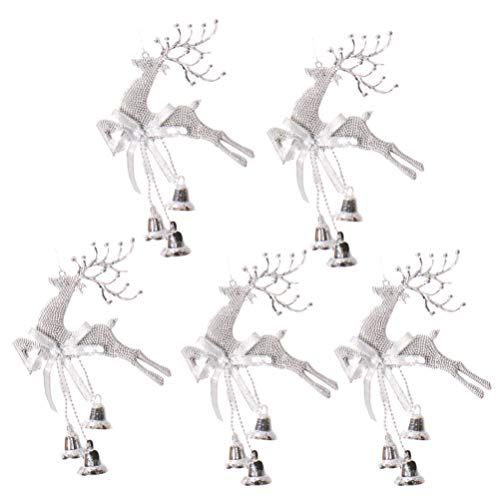 Amosfun 5pcs Christbaumschmuck Rentier Figur mit Jingle Bell Weihnachtsbaum hängenden Dekorationen für Urlaubsparty Ornamente Silber von Amosfun