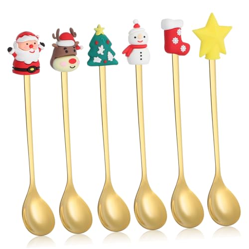 Amosfun 6 Stück Teiliges Weihnachtslöffel Edelstahl Goldfarben mit Festlichen Motiven Stern Weihnachtsmann Schneemann Rentier Tannenbaum Kaffeerührlöffel und Dessertlöffel für Partys und Amosfun 6 Stück Teiliges Weihnachtslöffel Edelstahl Goldfarben mit Festlichen Motiven Stern Weihnachtsmann Schneemann Rentier Tannenbaum Kaffeerührlöffel und Dessertlöffel für Partys und von Amosfun