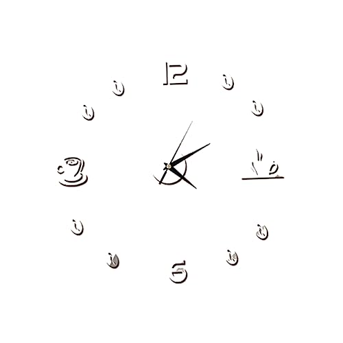 Amosfun DIY Selbstklebende Spiegel Wanduhr im Kaffeetassen-Design Kreative für Wohnzimmer Küche Kinderzimmer Wasserfest und Ungiftig Silber von Amosfun