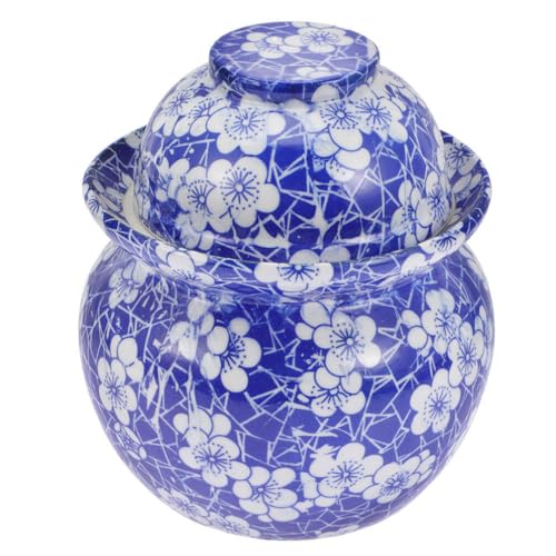 Amosfun Blau-Weißes Einmachglas Aus Porzellan 2 Kg Keramik-Gärtopf Einlege-Kimchi-Glas Versiegeltes Einmachglas Mit Wasserfestem Deckel Traditioneller Chinesischer Kanister von Amosfun