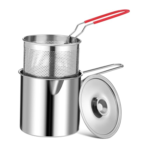 Amosfun Mini Frittiertopf mit Edelstahlkorb und Ölfilter Kompakter Multifunktionaler Kleiner Frittier topf für Gesundes Braten Kochen und Schmoren Platzsparend und Leicht für Haushalt und von Amosfun