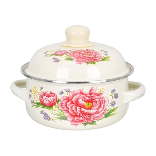 Amosfun Vintage Enamel Stew Pot Mit Deckel Multi-funktions Kochtopf Für Suppen Und Eintöpfe Hochtemperaturbeständig Tragbarer Küchenhelfer Chrysanthemen-design von Amosfun