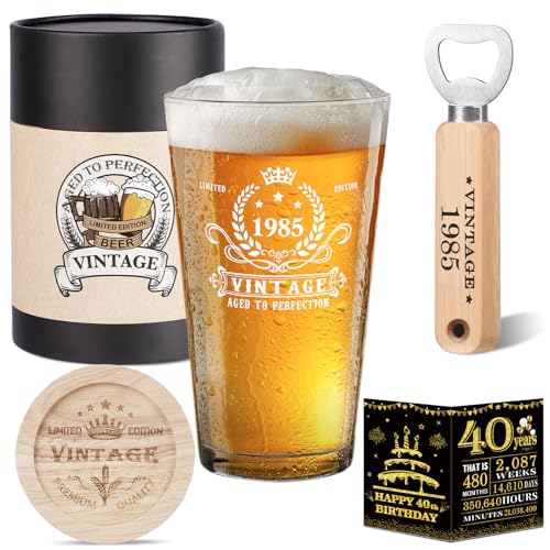 Geschenk Männer 40 Jahre, 1985 Vintage Bierglas, Öffner – Holzflasche, Bierbox, Vintage, Untersetzer – 40 ° Grußkarte und Poster Geburtstagskarte, Geschenk zum 40. Geburtstag von Amosking