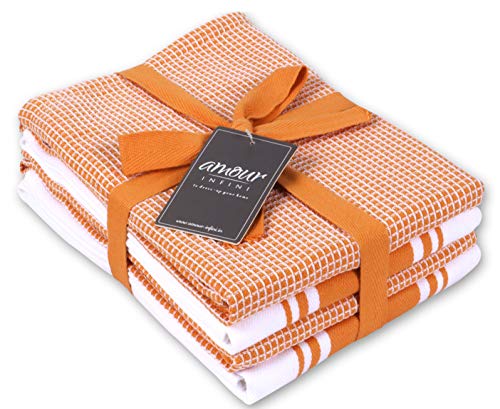 Amour Infini Classic Küchentücher | 2 Streifen + 2 Waffeln | 50 x 70 cm, übergroß | Mehrzweck-Geschirrtücher | 100% ringgesponnene Premium-Baumwolle | Sehr saugfähig | Orange von Amour Infini