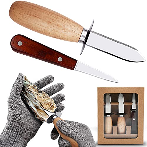 Amourate Oyster Shucking Knife Oyster Messer, Set mit 3 Austernmessern mit Premium-Holzgriff und 1 Paar Schutzhandschuhe, Messer und Handschuh Set für Meeresfrüchte-Liebhaber (3 Messer + 1 Handschuh) von Amourate