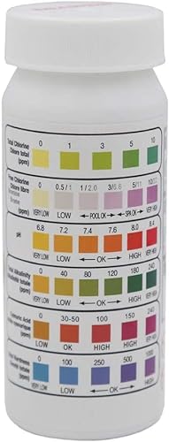 Chlor-Teststreifen, 6 in 1, für Schwimmbad, Spa, Chlor, pH Alkalinität, Wasserhärte, Test-Werkzeug, Säure-Brom Alkalinität, pH-Wert, Schwimmbad, Spa, Chlor, Cyanur, 50 Stück von Amoyeric