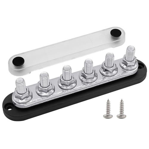 6 x 3/8" (M10) Bolzen Erdungsblock Stromschiene, Ampper 7" 12V 300A Batteriesammelschiene mit Abdeckung für Auto, Boot und Solar (Schwarz) von Ampper