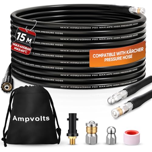 Ampvolts Rohrreinigungsschlauch Set 15m - 400 Bar/5800 PSI, kompatibel mit Karcher K2 K3 K4 K5 K6 K7 Hochdruckreiniger, Premium Rohrreinigungsset für verstopfte Rohre und Abflüsse von Ampvolts