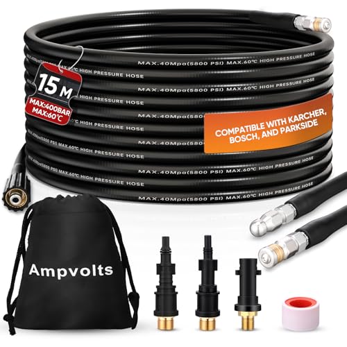 Ampvolts Rohrreinigungsschlauch Set 15m - 400 Bar/5800 PSI, kompatibel mit Karcher K2-K7, Lavor, Bosch Hochdruckreiniger, Premium Karcher Rohrreinigungsset für verstopfte Rohre und Abflüsse von Ampvolts