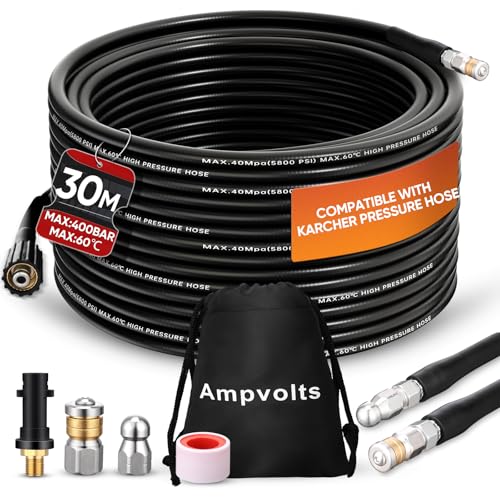 Ampvolts Rohrreinigungsschlauch Set 30m - 400 Bar/5800 PSI, kompatibel mit Karcher K2 K3 K4 K5 K6 K7 Hochdruckreiniger, Premium Rohrreinigungsset für verstopfte Rohre und Abflüsse von Ampvolts