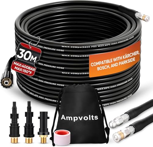 Ampvolts Rohrreinigungsschlauch Set 30m - 400 Bar/5800 PSI, kompatibel mit Karcher K2-K7, Lavor, Bosch Hochdruckreiniger, Premium Karcher Rohrreinigungsset für verstopfte Rohre und Abflüsse von Ampvolts