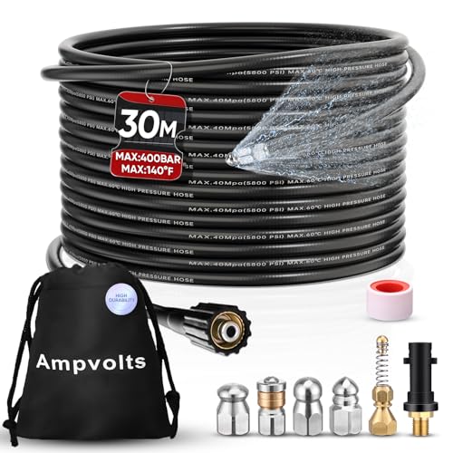 Ampvolts Rohrreinigungsschlauch Set 30m - 5800 PSI/400 bar, enthält 5 Düsen und 1 Karcher-Adapter, kompatibel mit Karcher K2 K3 K4 K5 K6 K7 - Effektive Reinigung von Rohren und Abflüssen von Ampvolts