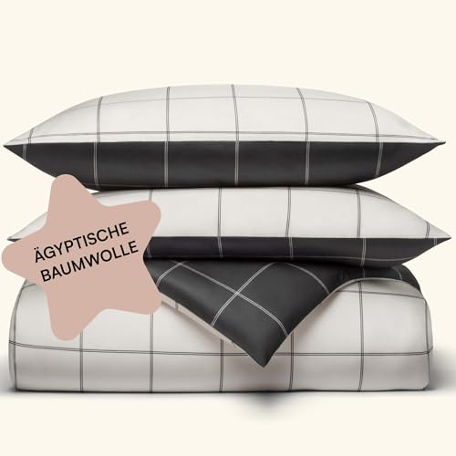 Amqua Mako Satin Bettwäsche 155x220 cm kariert (Beige Anthrazit)| Wendebettwäsche 155x220 Baumwolle inkl Kissenbezug 80x80 | ägyptische Baumwolle Bettwäsche 155x220 Satin | Bettwäsche 155x220 kariert von Amqua