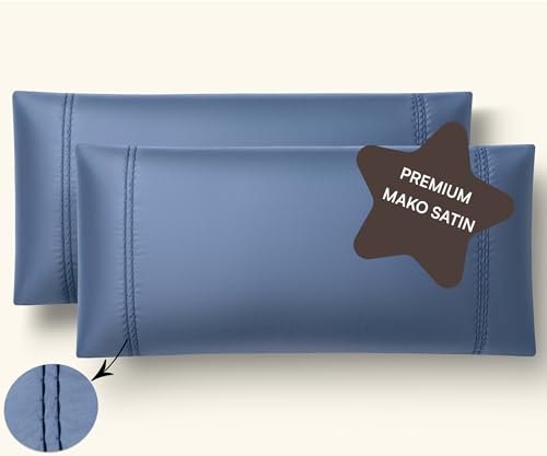 Amqua Mako Satin Kopfkissenbezug 40x80 Baumwolle (2er Set) in Blau mit Stickerei | Satin Kissenbezug 80x40 | Weich wie Seidenkissenbezug | Mako Satin 40x80cm SORA von Amqua