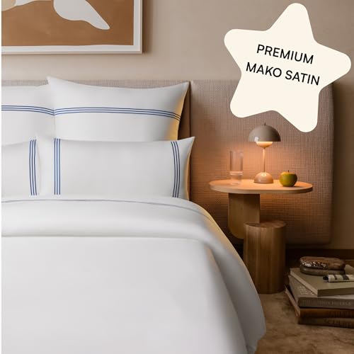 Amqua Mako Satin Kopfkissenbezug 80x80 Baumwolle (2er Set) Weiß mit Stickerei| Satin Kissenbezug 80x80| 80x80cm Kissenbezug weich wie Seidenkissenbezug 80x80| Kissenbezug Mako Satin 80x80cm Rhea von Amqua