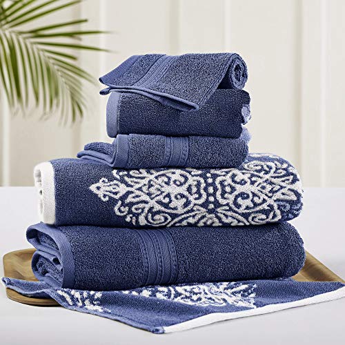 Amrapur Overseas | Artesia Damast 6-teiliges wendbares Garn gefärbtes Jacquard Handtuch-Set (Indigo) von Amrapur